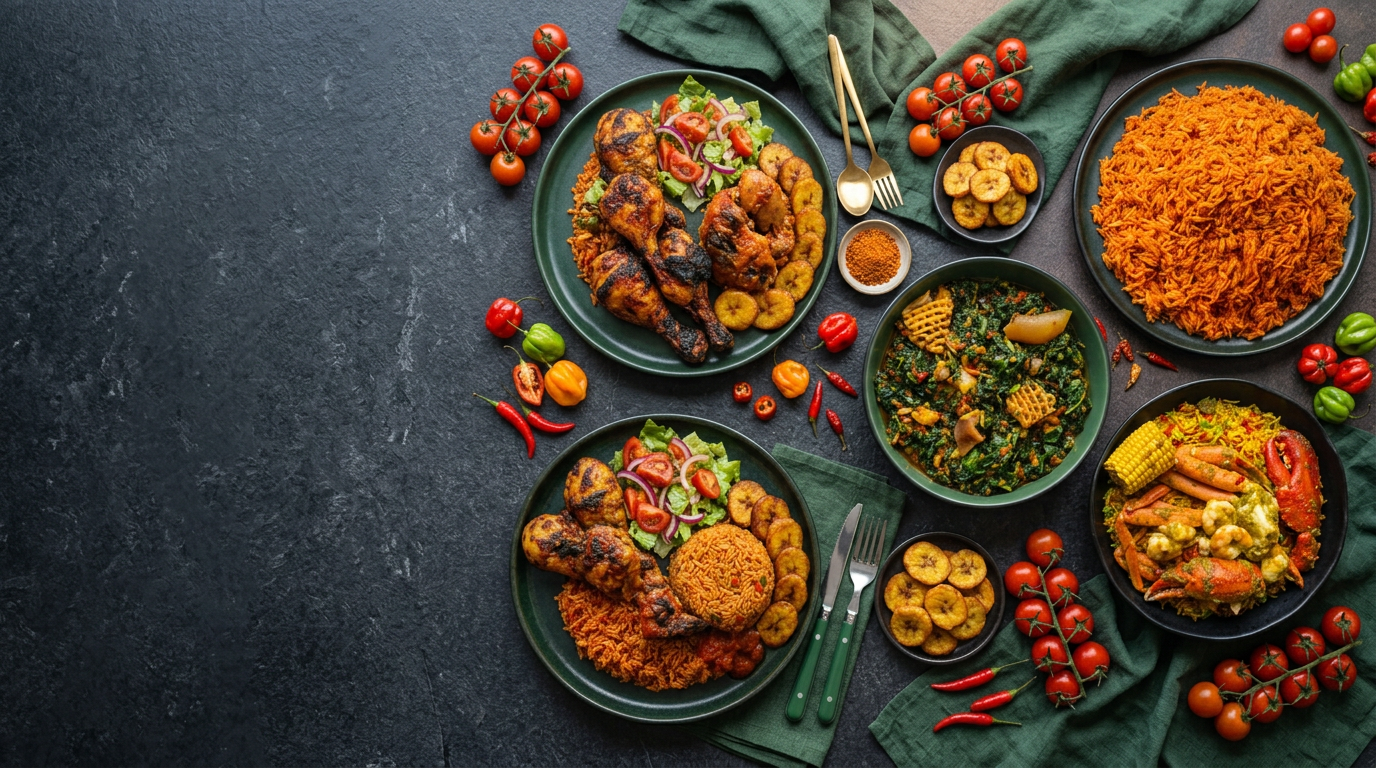 Jollof City banquet with jollof rice, chicken, seafood and greens on dark plates, with tomatoes, peppers, plantain and suya spice